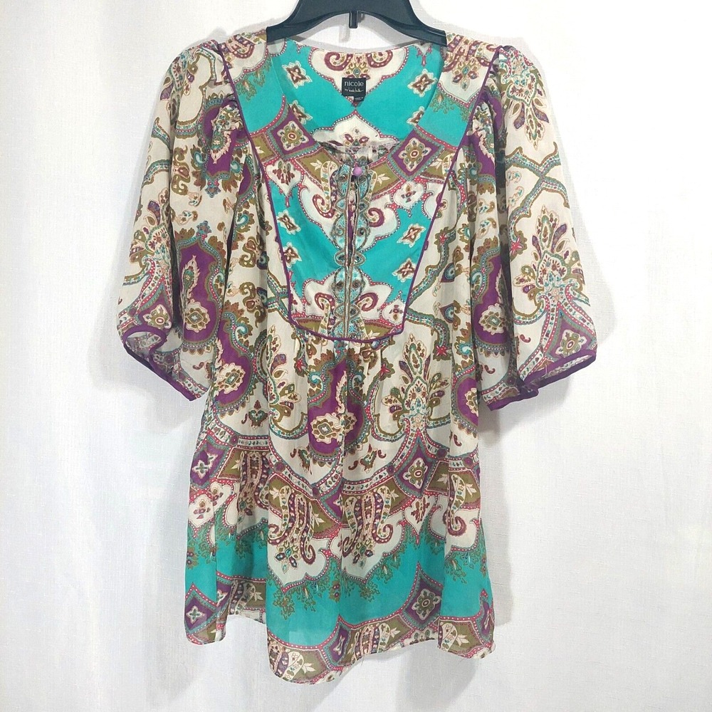 Nicole Miller Blouse Womens Med? Multicolor Boho Elbow Balloon Sleeves Keyhole
